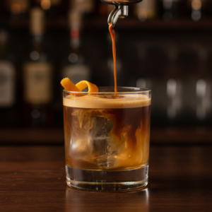 Carajillo servido em copo baixo com gelo e Licor 43