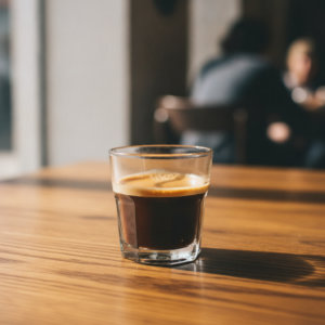 Café cortado servido em copo Gibraltar com espresso e leite vaporizado na proporção 1:1