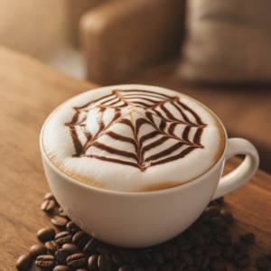 Café mocha cremoso com calda de chocolate em xícara branca