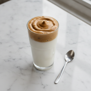 café dalgona servido em copo alto com creme batido sobre leite gelado