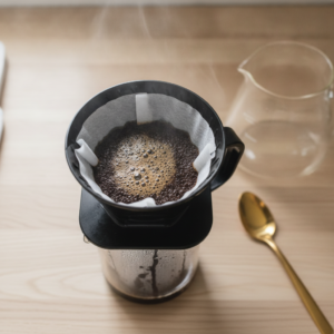 Café sendo preparado no clever dripper com filtro de papel e jarra de vidro ao lado