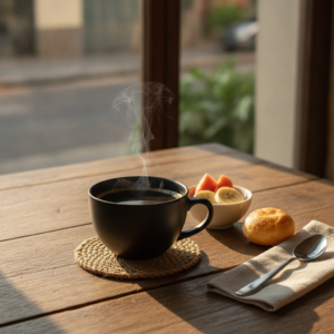 Xícara de café em jejum sobre mesa de madeira na manhã ensolarada