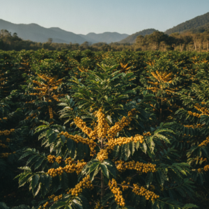 Cafezal de cafe catuai amarelo com cerejas maduras em pe baixo e produtivo