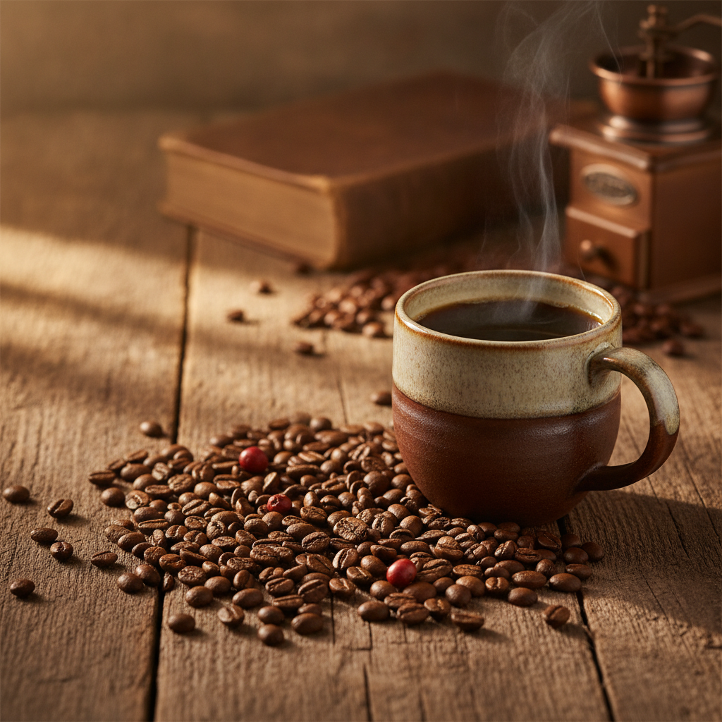 Cafe especial com mais cafeina: xicara fumegante cercada de graos de cafe arabica