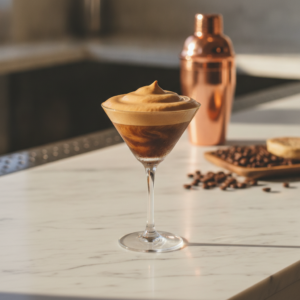 cafe shakerato em taca de cristal com espuma cremosa