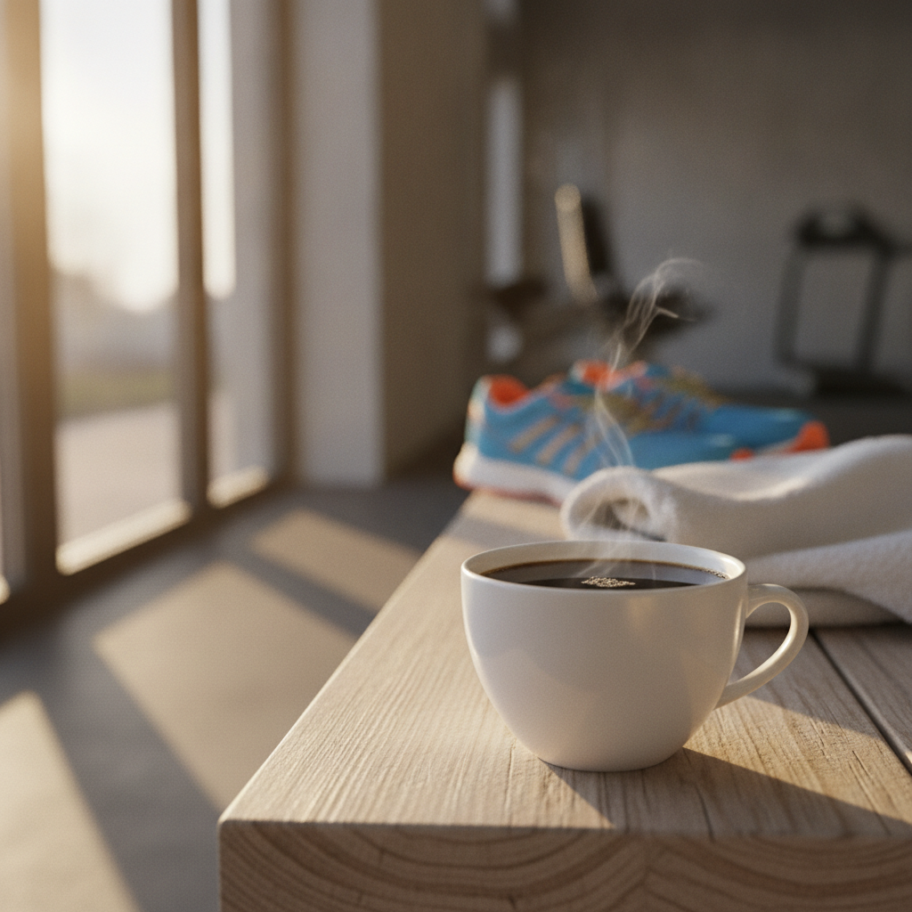 Xícara de café pré-treino sobre bancada de academia ao amanhecer