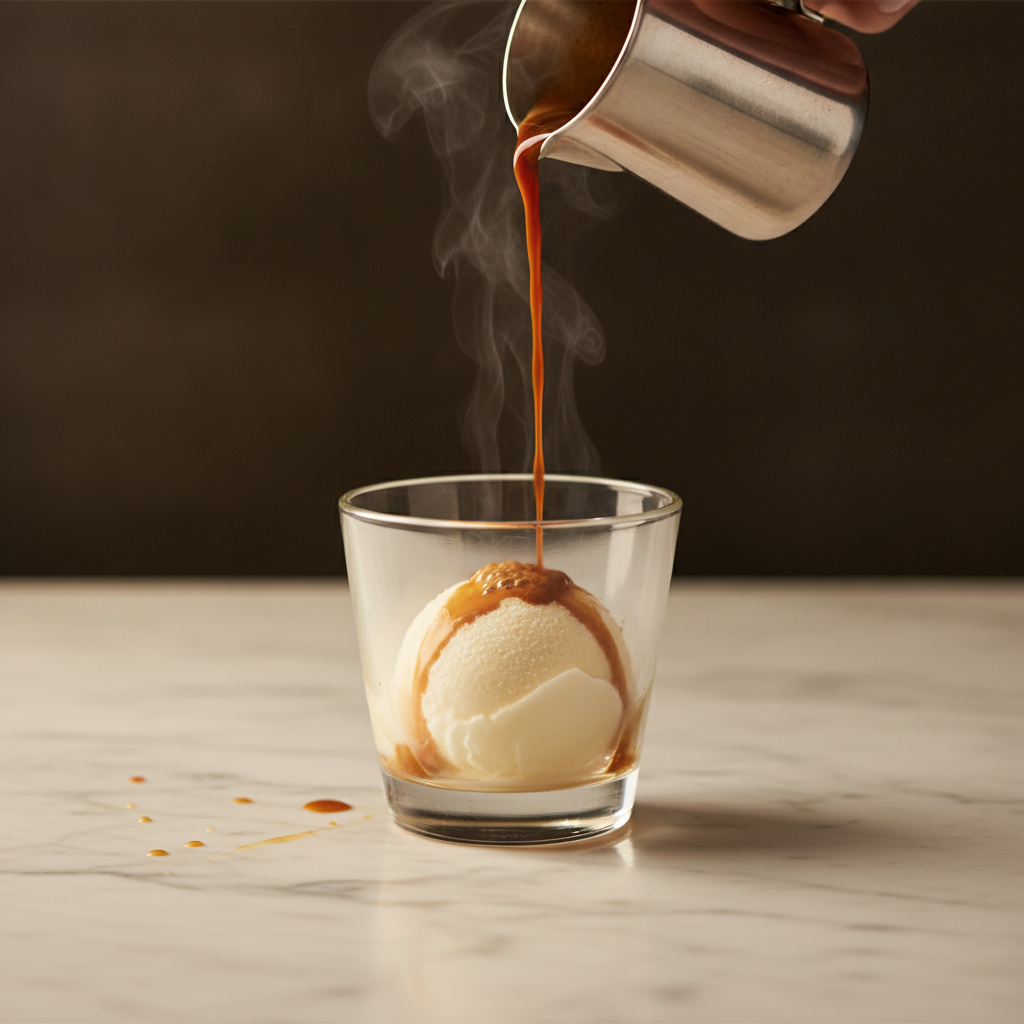 affogato com espresso quente sendo despejado sobre bola de sorvete em taça de vidro