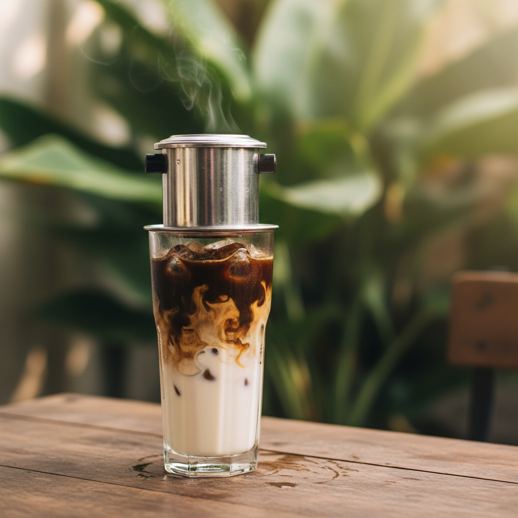 café vietnamita servido em copo com gelo e leite condensado sobre mesa de madeira
