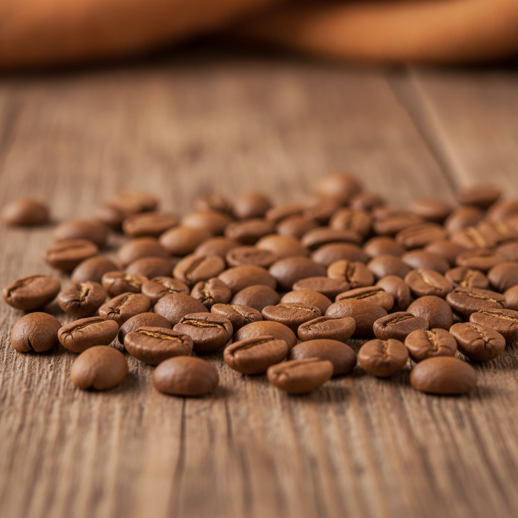 graos de cafe em torra clara sobre fundo de madeira