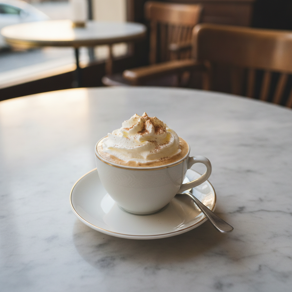 Xícara branca com café vienense coberto por chantilly e canela em pó
