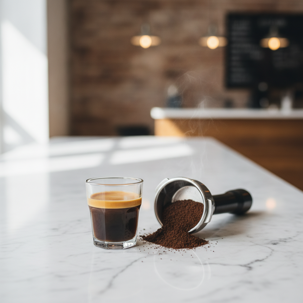 Café cortado em copo Gibraltar ao lado de portafiltro com café especial recém-moído