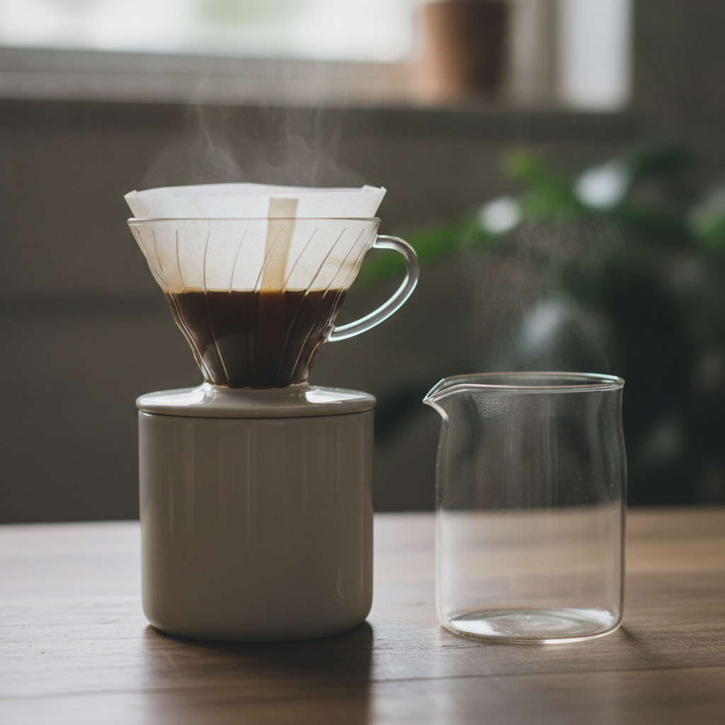 Café sendo preparado no clever dripper com filtro de papel e jarra de vidro ao lado