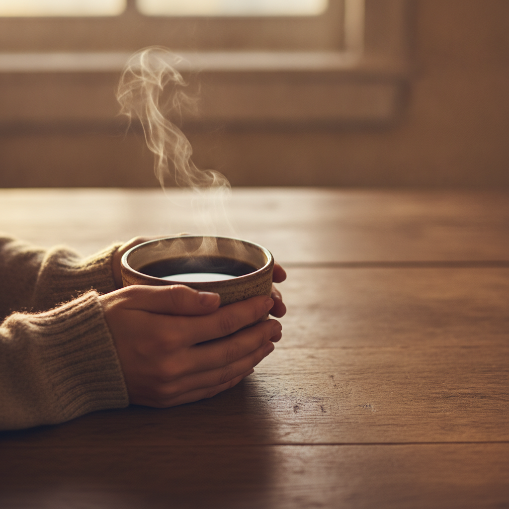 Xícara de café em jejum sobre mesa de madeira na manhã ensolarada