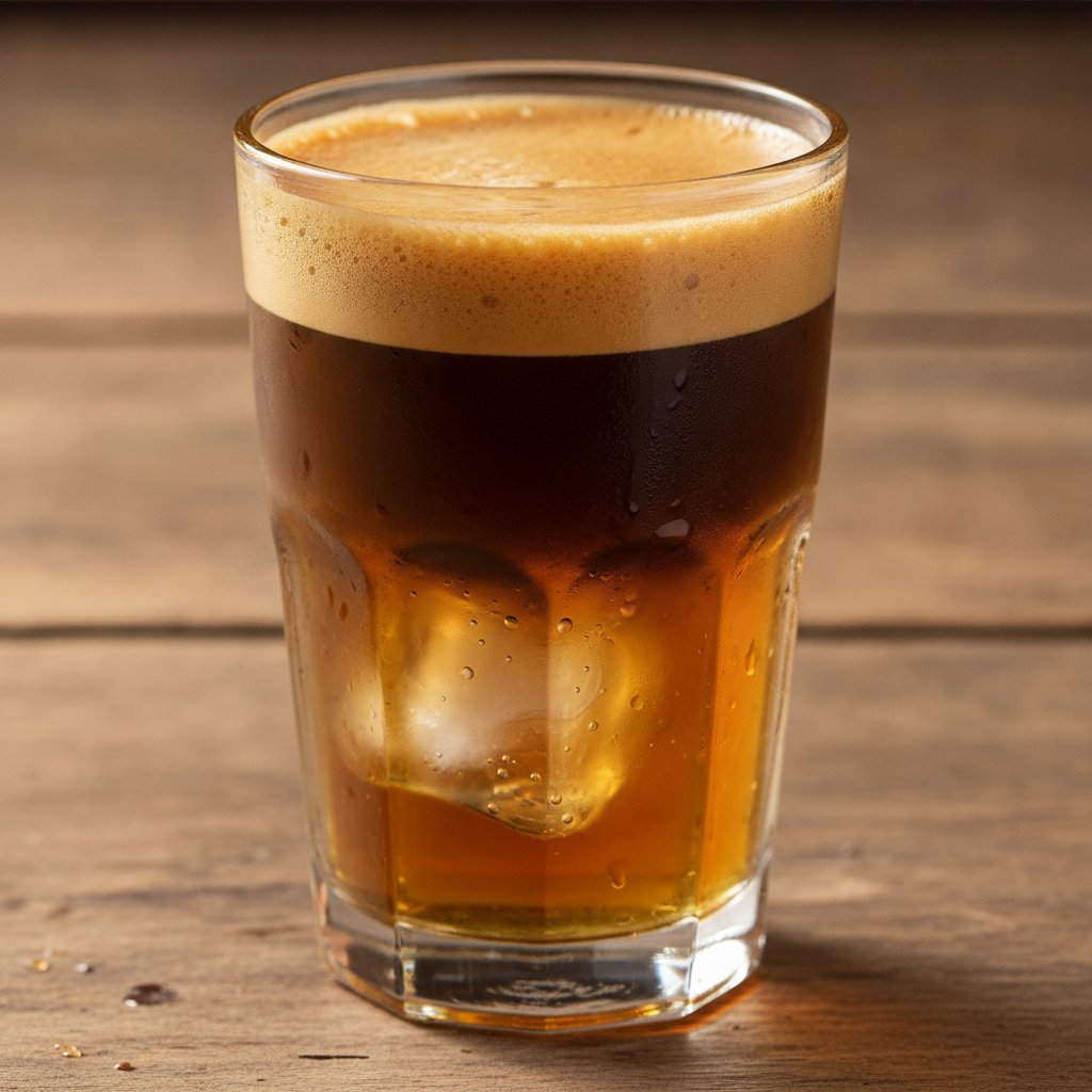 Camadas do carajillo no copo com gelo, espresso e Licor 43