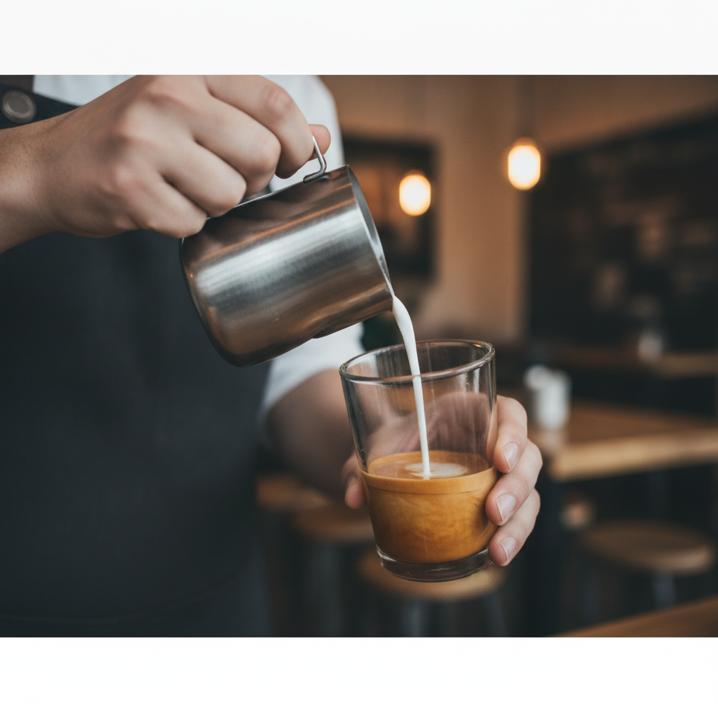Barista despejando leite vaporizado para fazer um café cortado na proporção 1:1