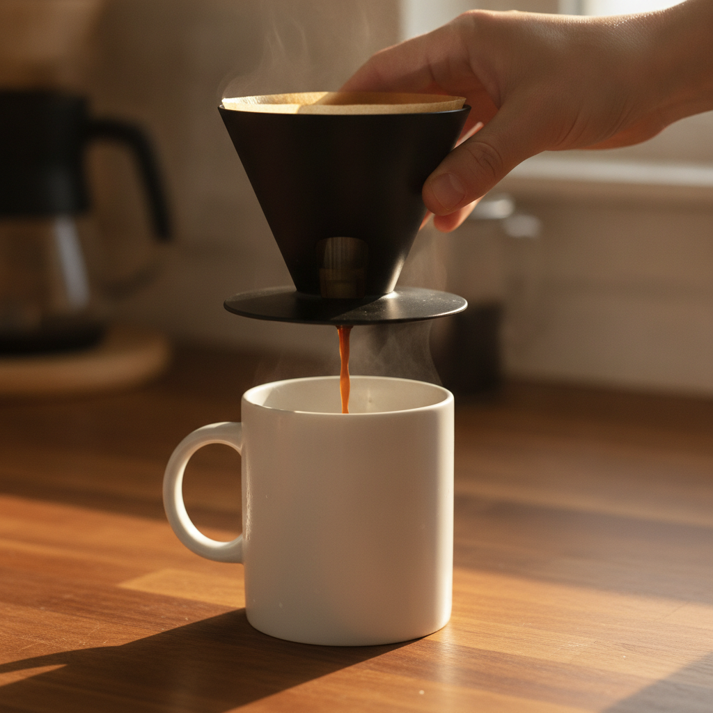Mao apoiando o clever dripper sobre uma xicara enquanto o cafe escorre filtrado