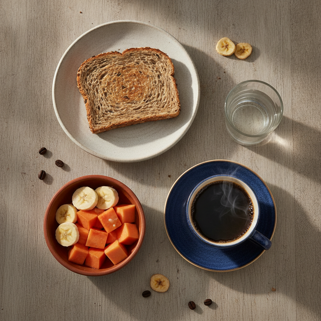 Café da manhã saudável com pão integral, frutas e xícara de café especial