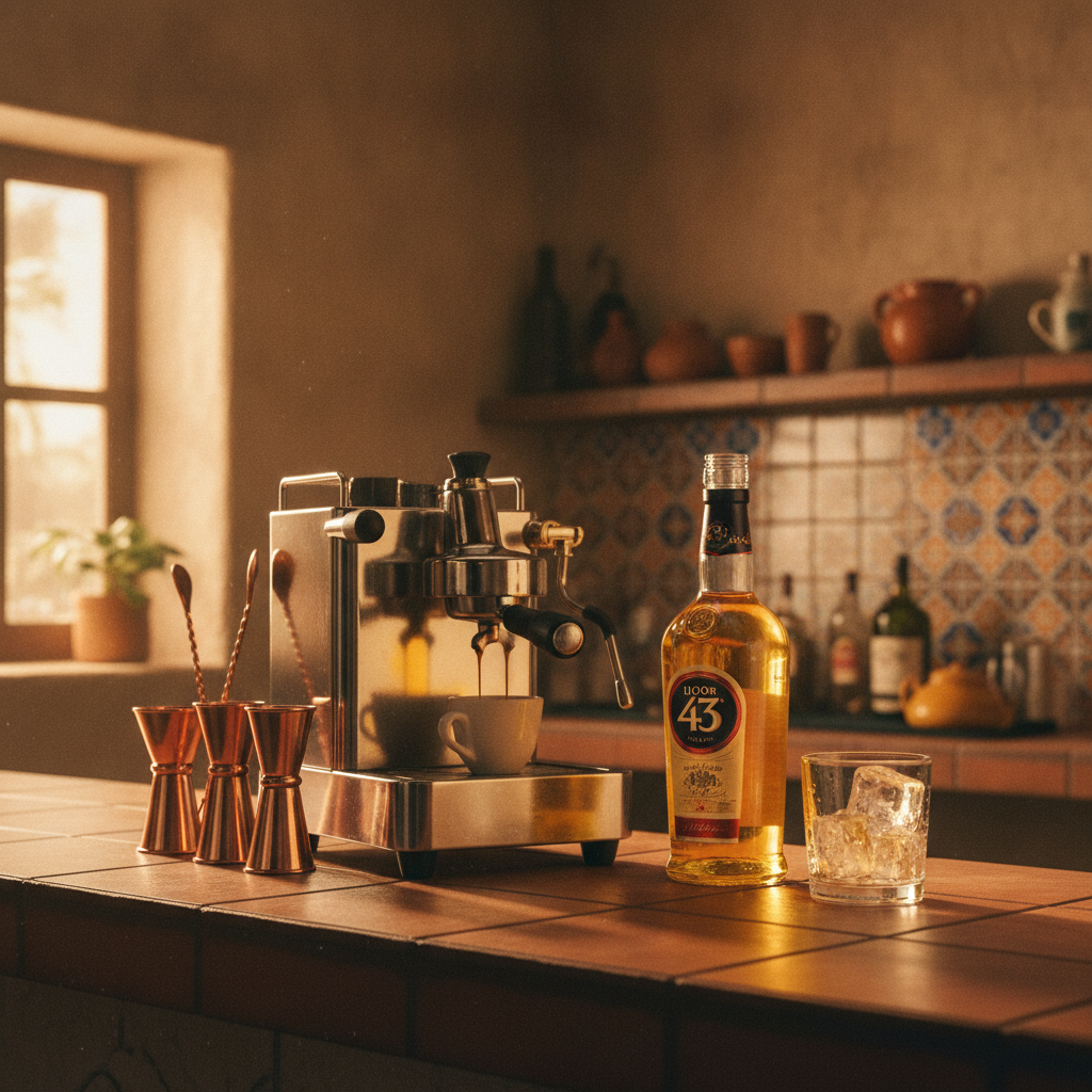 Garrafa de Licor 43 ao lado de espresso recém-extraído para preparar carajillo