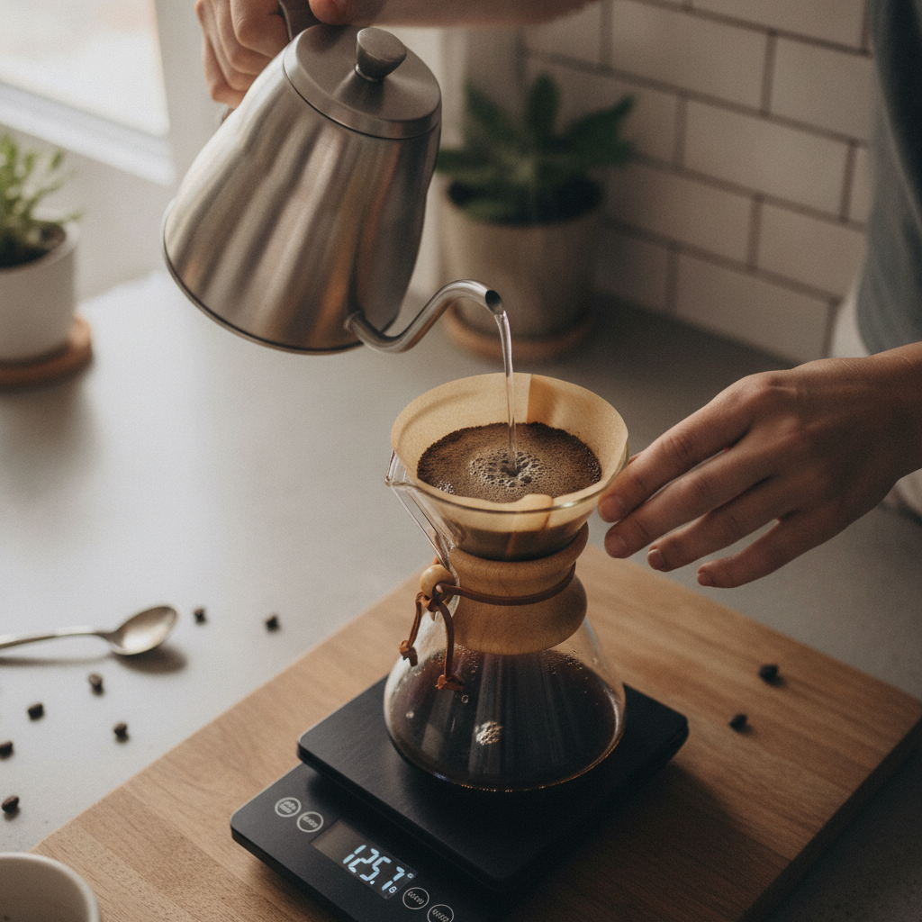passo a passo do café na chemex com bloom e despejo em espiral