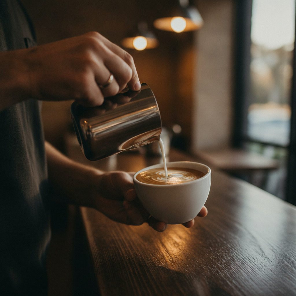 barista despejando leite vaporizado para criar rosetta de latte art