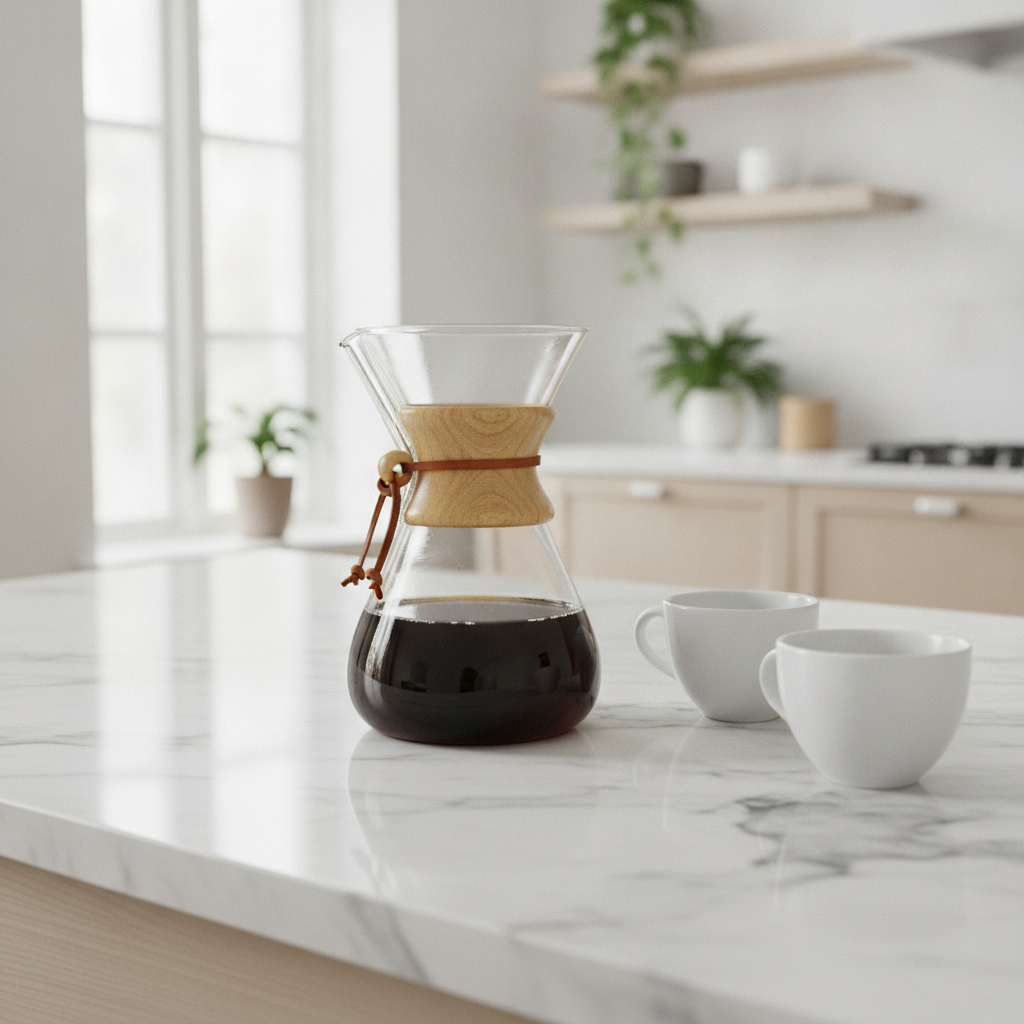 carafa de vidro pronta para servir café na chemex com xícaras de porcelana