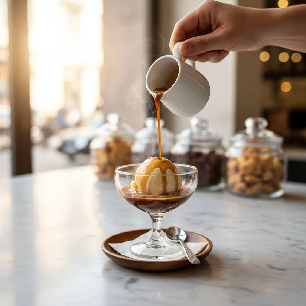 affogato com espresso quente sendo despejado sobre bola de sorvete em taça de vidro