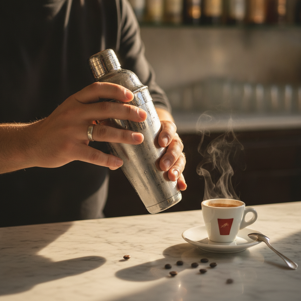 receita de café shakerato sendo preparada em coqueteleira