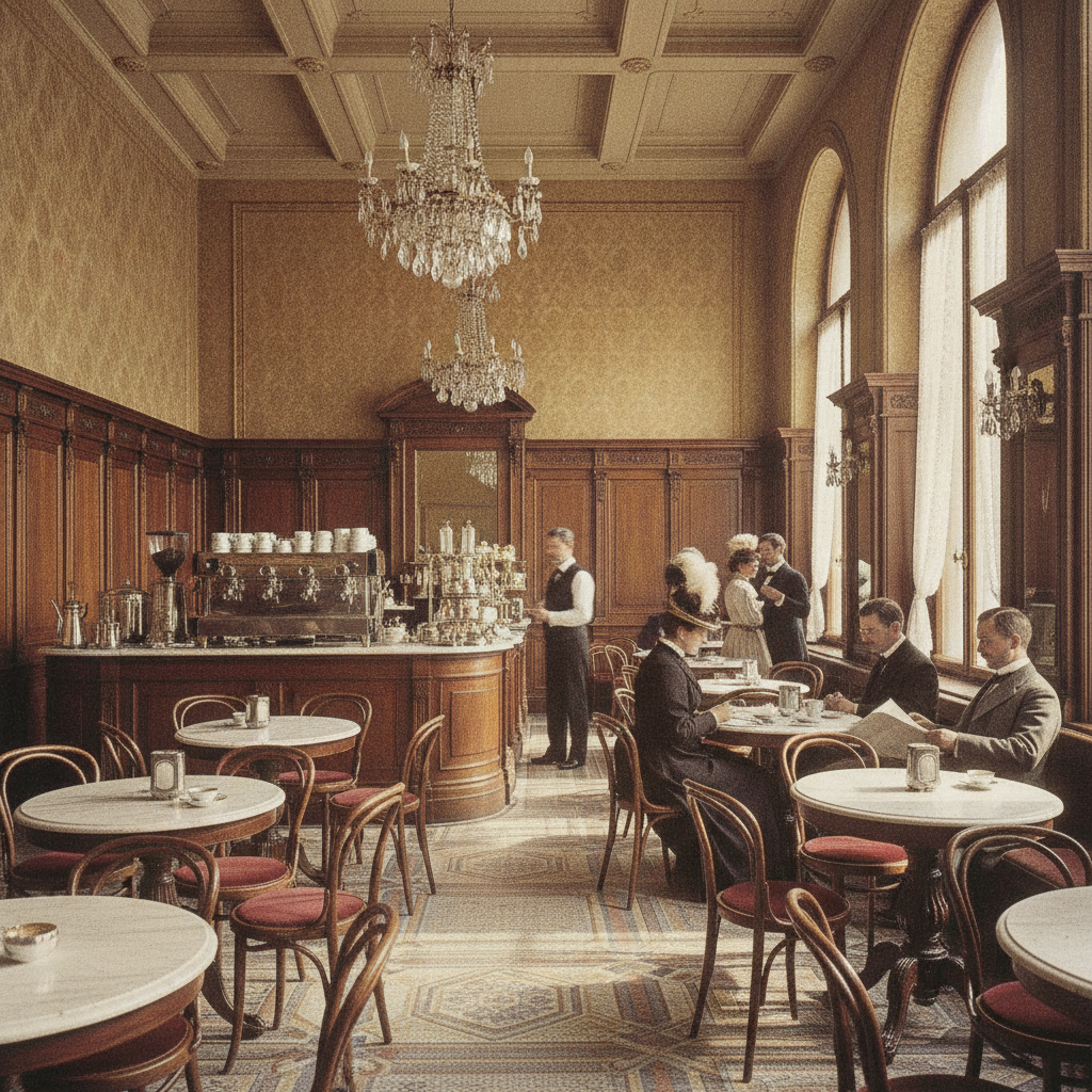 Cafeteria vienense clássica do século XIX onde nasceu a tradição do café com chantilly