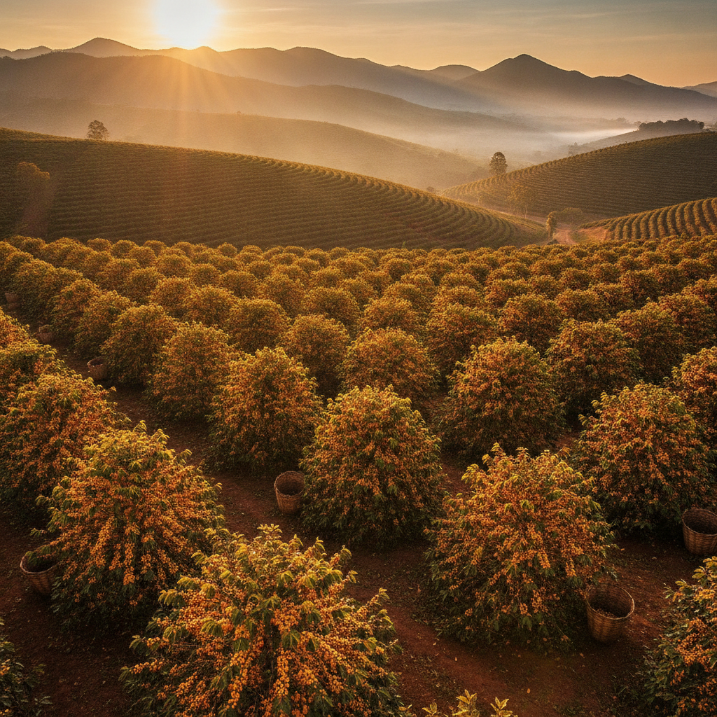 Plantacao de bourbon amarelo em Minas Gerais durante a colheita