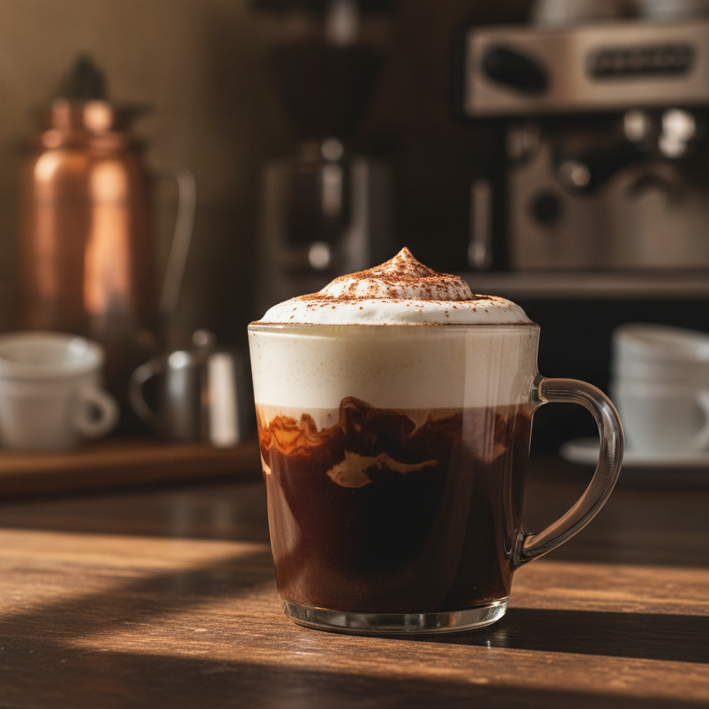 Café mocha em copo de vidro com camadas de espresso, chocolate e leite vaporizado