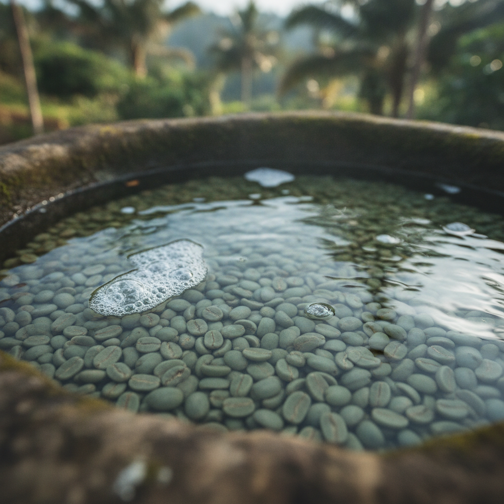 Processo lavado: graos verdes fermentando em tanque de agua com mucilagem se soltando