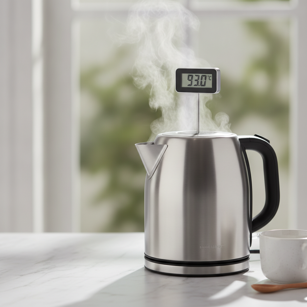 Termometro digital marcando 93 graus na agua para cafe