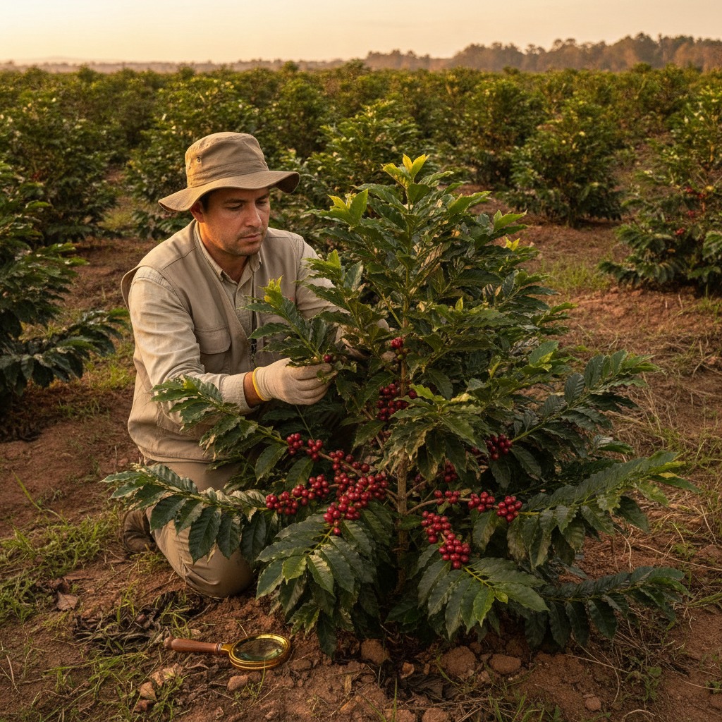 Pesquisador inspecionando pe de cafe catuai vermelho com cerejas maduras em campo agronomico brasileiro
