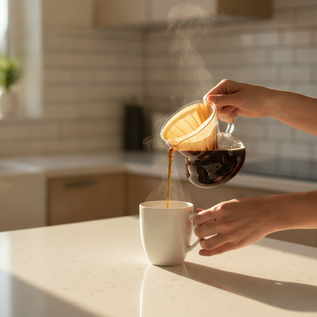 Preparo de café pré-treino em V60 sobre xícara branca