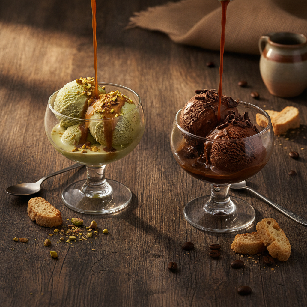duas taças de affogato com sorvete de pistache e raspas de chocolate amargo