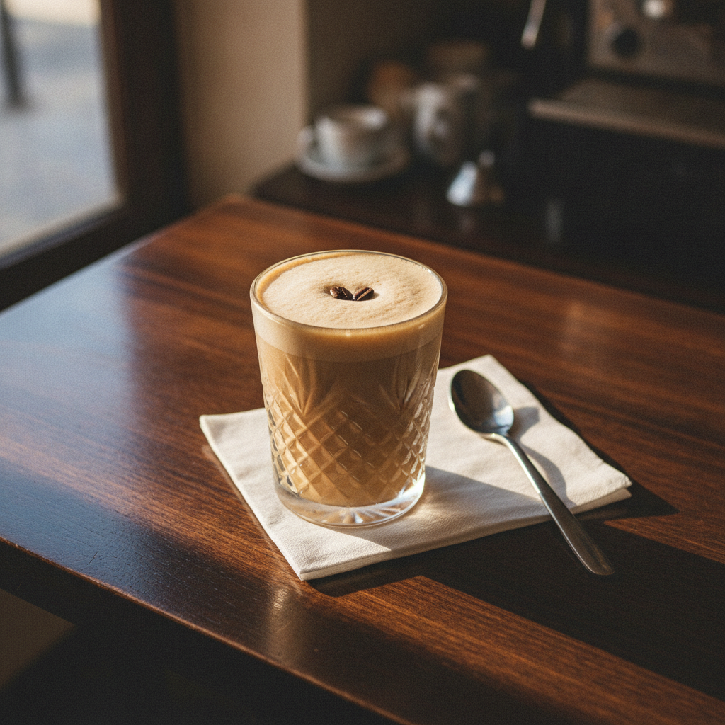 taça gelada com café shakerato pronto e espuma cremosa no topo