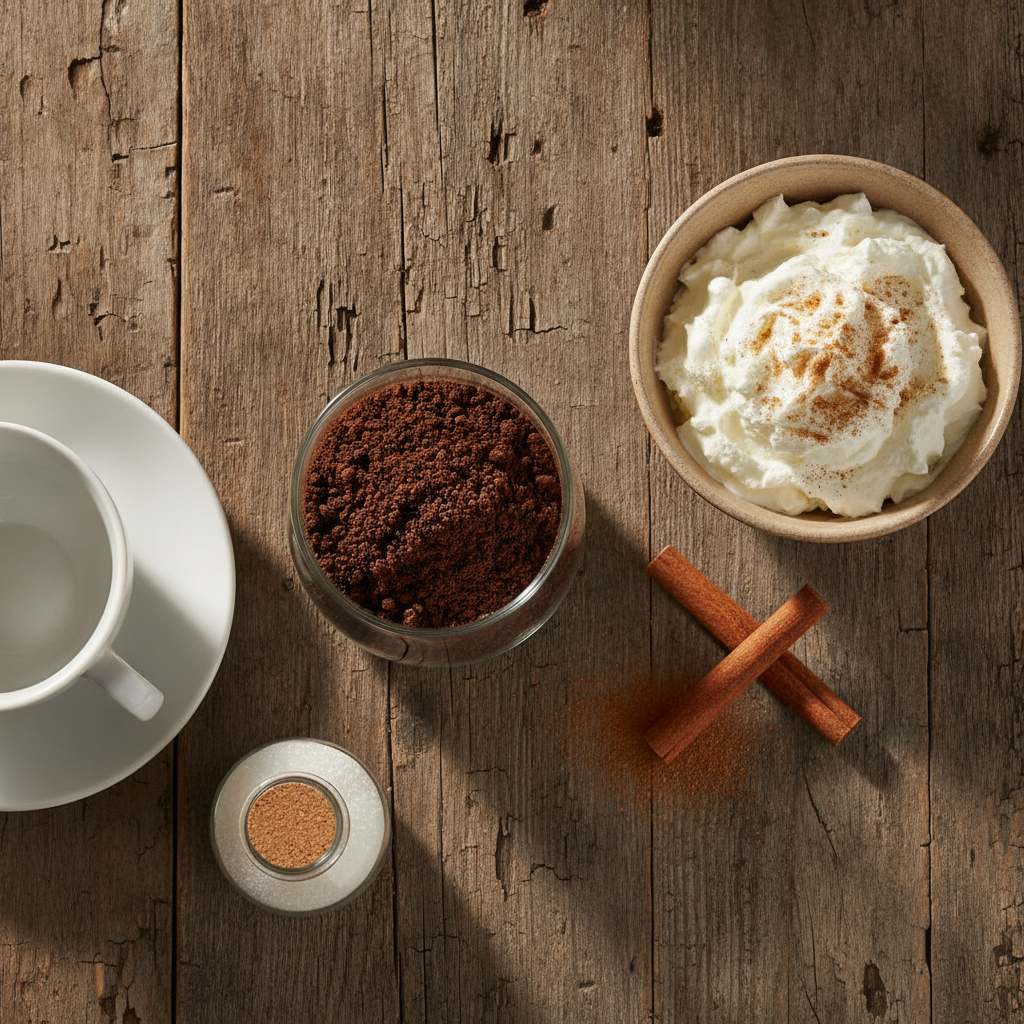 Ingredientes do café vienense tradicional: café especial moído, chantilly fresco, canela e açúcar