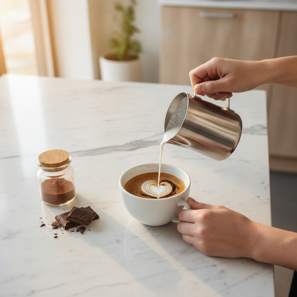 Preparo de café mocha com leite vaporizado sendo despejado sobre espresso e chocolate
