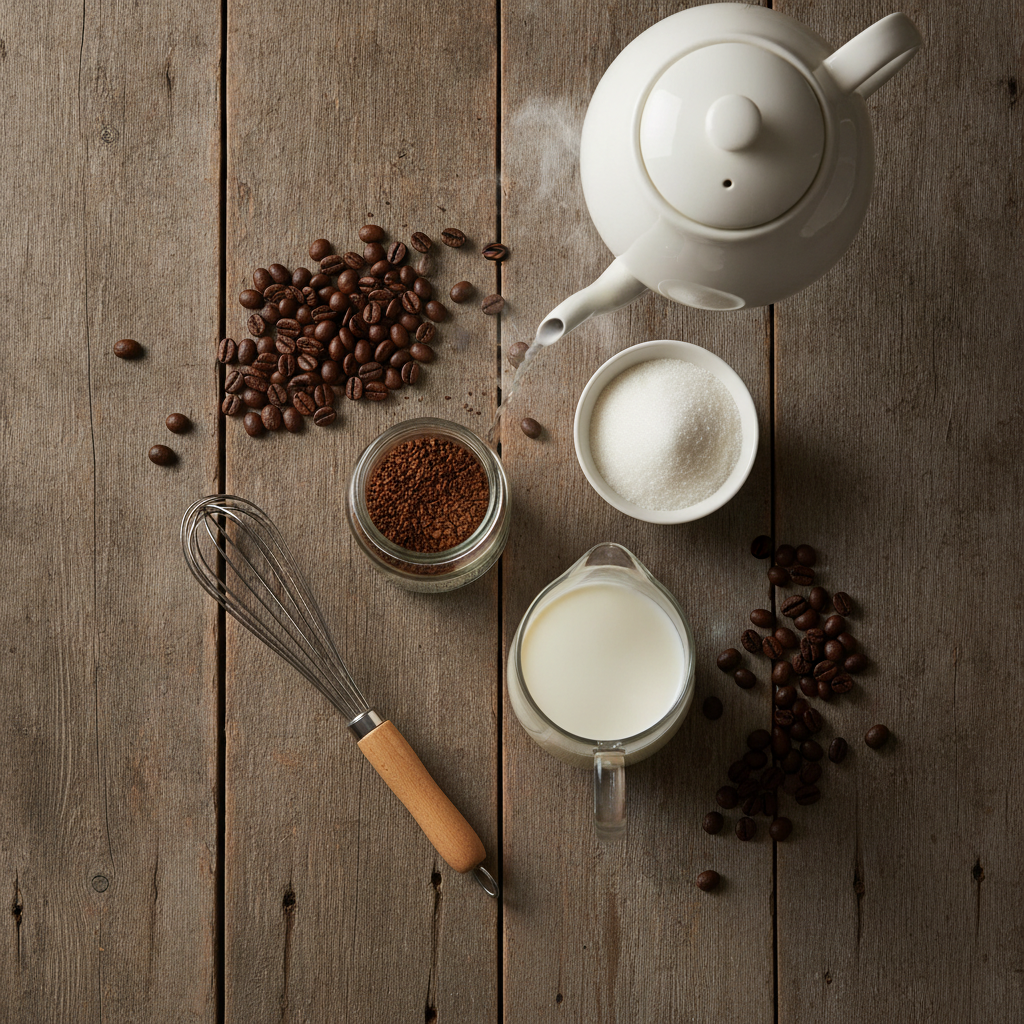 ingredientes do café dalgona dispostos sobre mesa de madeira