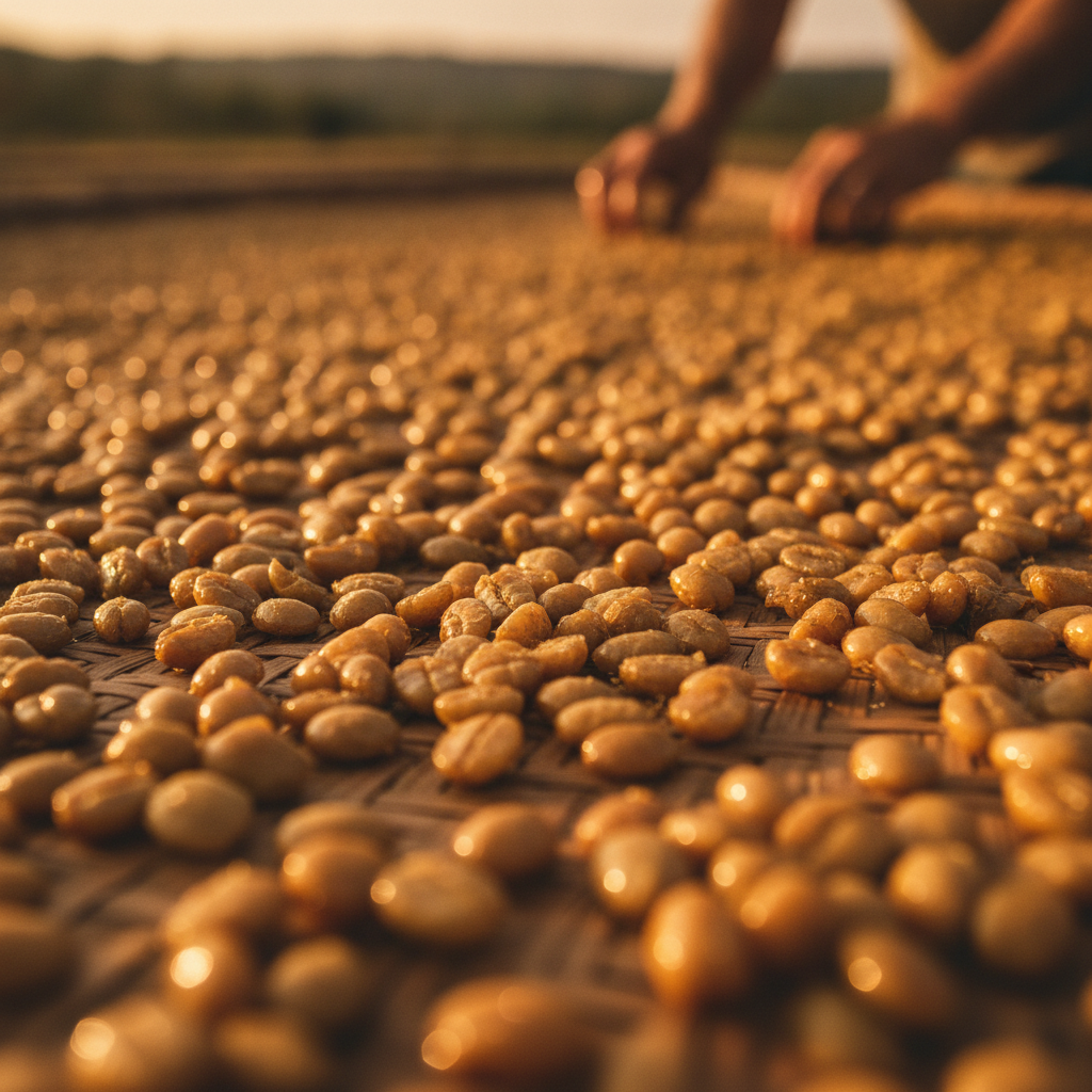 Processo honey: graos de cafe dourados secando com mucilagem grudada lembrando favo de mel