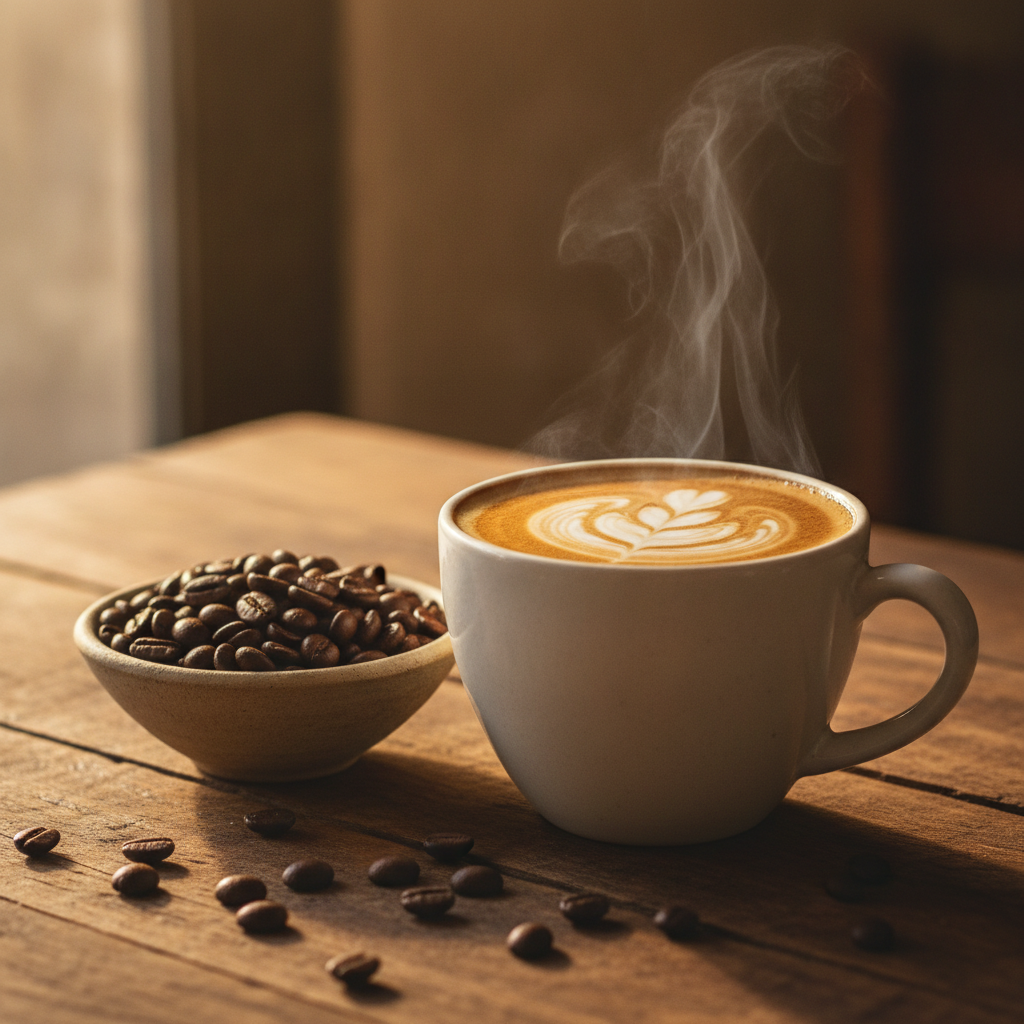 Xicara de cafe catuai recem coado com crema dourada e graos torrados ao lado em mesa rustica