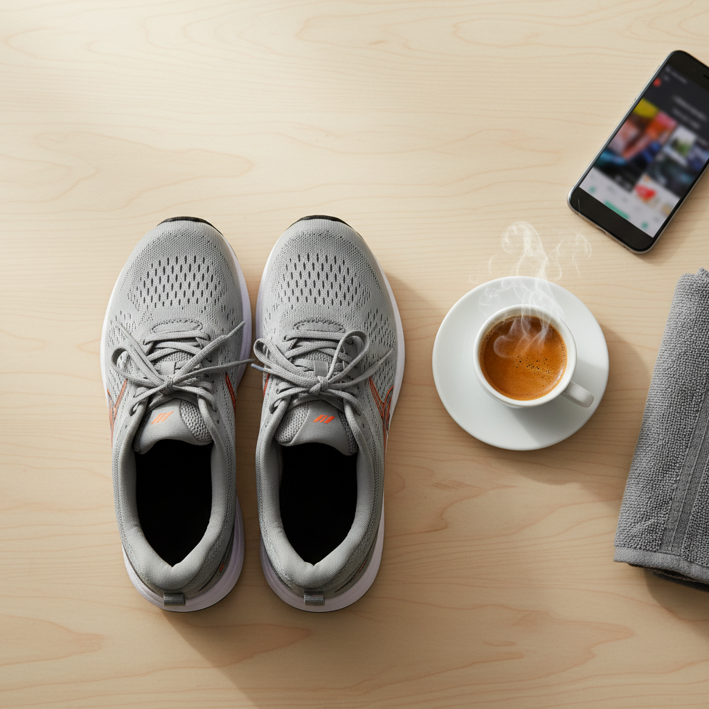 Tênis de corrida ao lado de espresso pronto para o treino