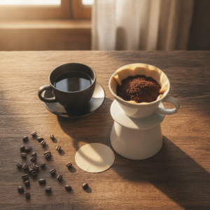 Xícara de café e colesterol filtrado sobre mesa clara com grãos