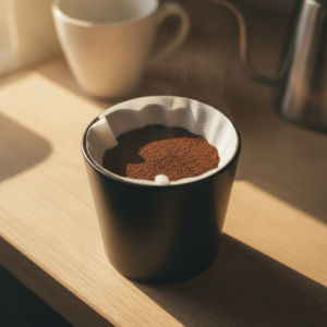 papel filtro branco encaixado no coador com café moído sendo coado