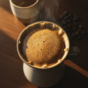 Espuma do café subindo no filtro coado com grão recém-torrado