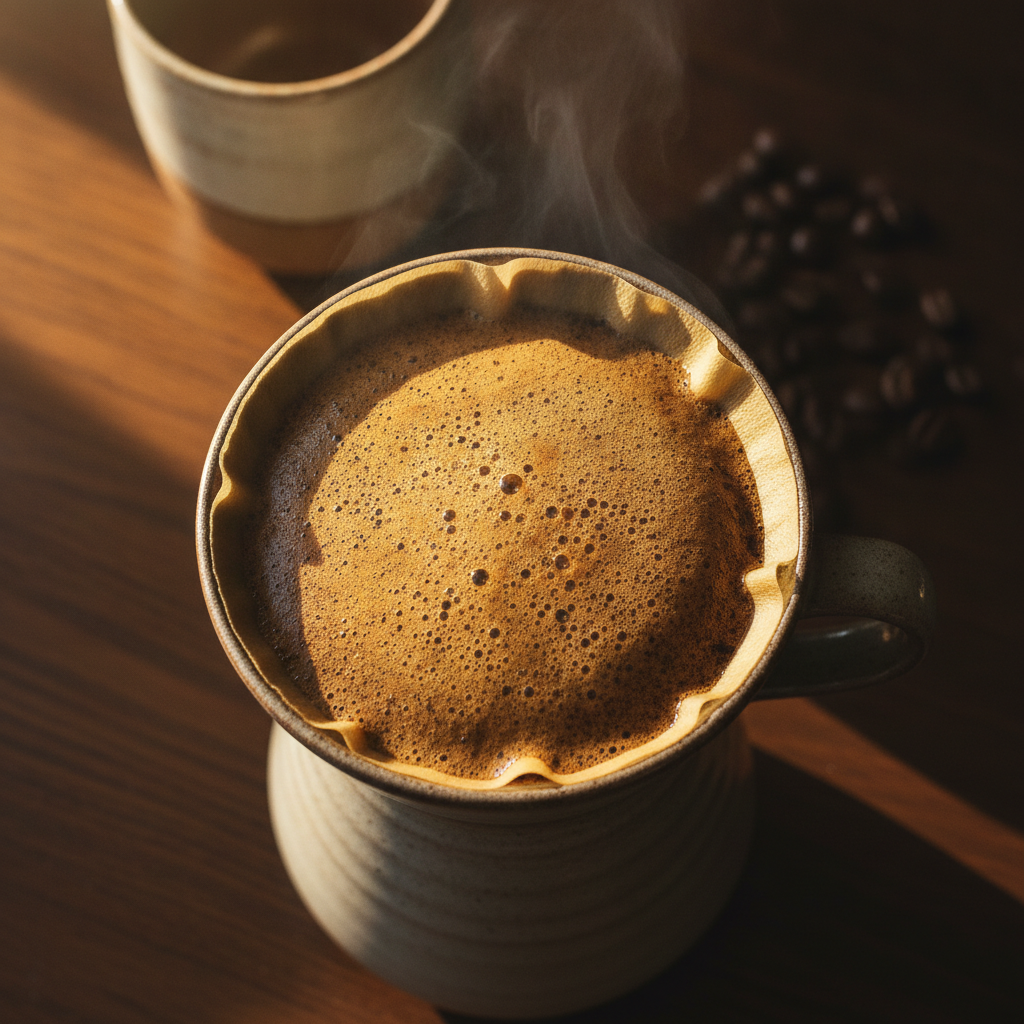 Espuma do café subindo no filtro coado com grão recém-torrado