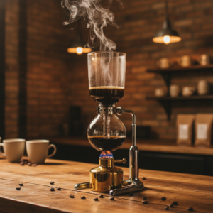 Café no sifão em ampulheta de vidro sobre chama, com vapor