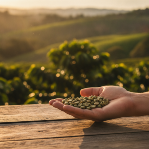 Grãos verdes de café geisha em uma peneira rústica sobre mesa de madeira, formato alongado característico da variedade