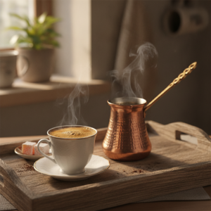 café turco servido em xícara pequena com espuma dourada