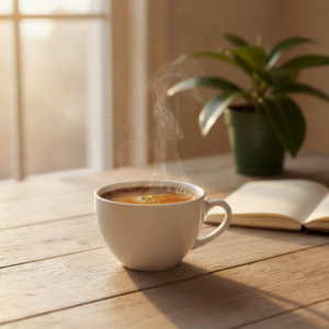 Café e ansiedade: xícara na mesa clara pela manhã